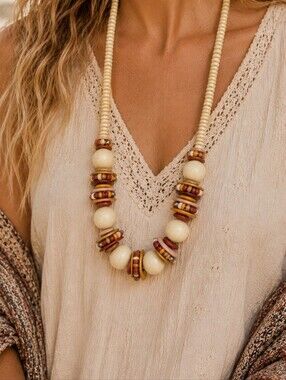 Vintage Boho Wood Bead Statement Necklace Earthy Artisan Festival Style
